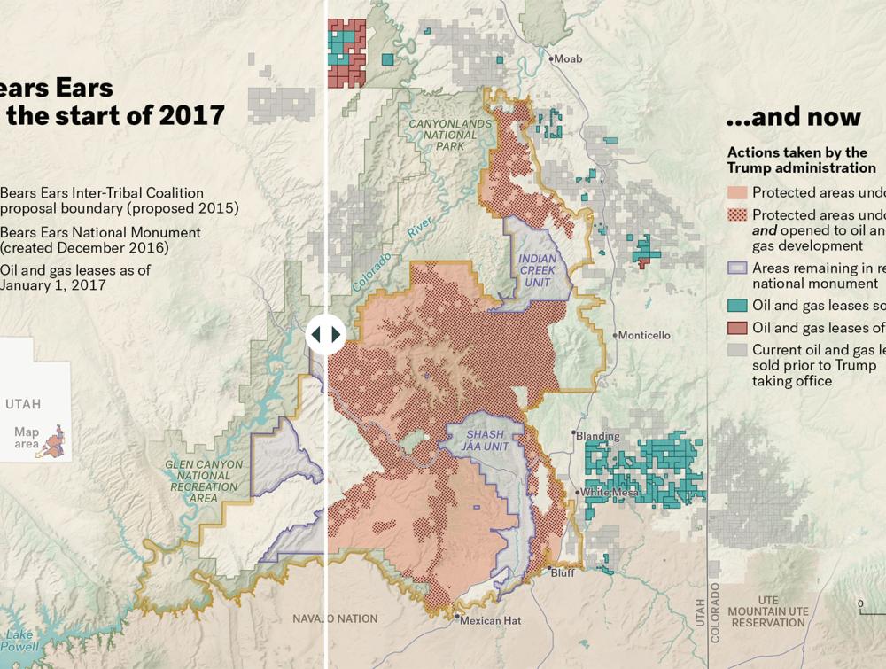 Screenshot of map illustrating changes in Bears Ears National Monument between 2017 and now